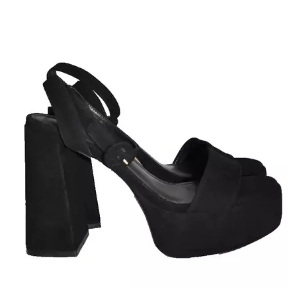 $350 Larroudé Dolly Ankle Strap Platform CHUNKY Sandal BLACK SUEDE 9 US (DC12)
